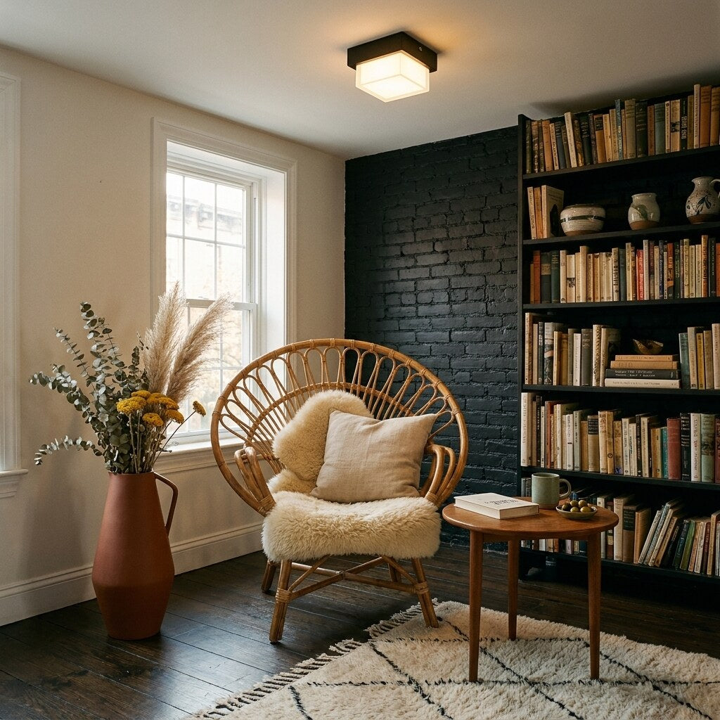 Plafonnier Quadra Design — Coin lecture bohème à Brooklyn — Halonéa