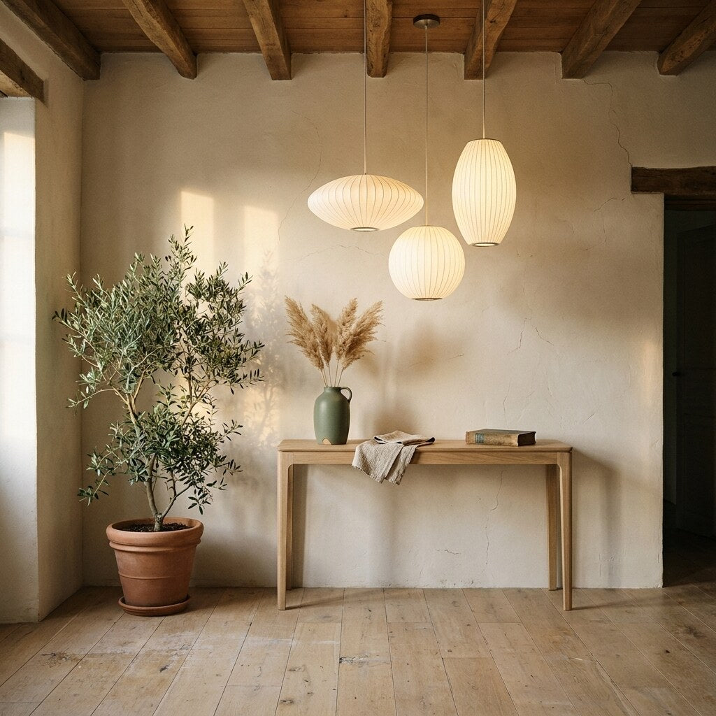 Suspension Lumio Design — Entrée Japandi en Provence — Halonéa