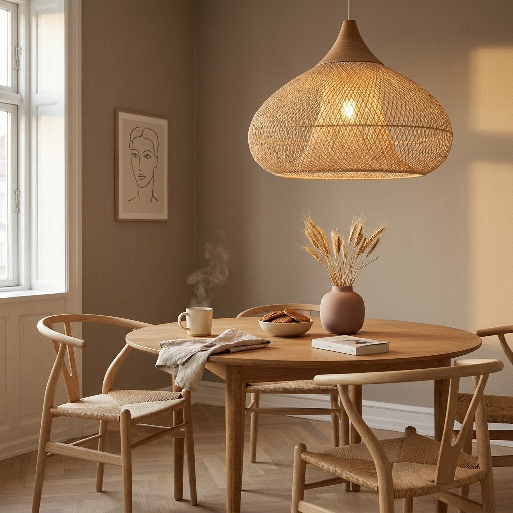 Suspension Rattania Bohème — Coin repas scandinave à Copenhague — Halonéa