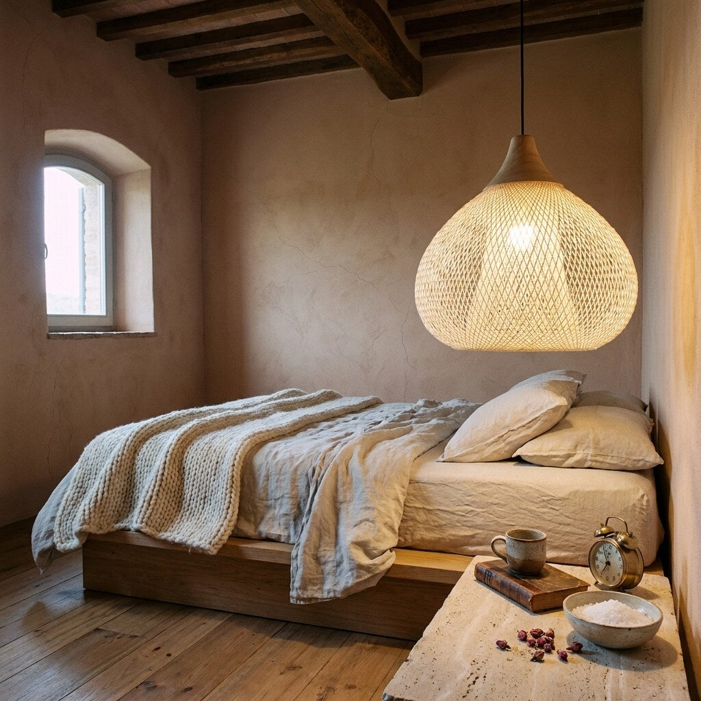 Suspension Rattania Bohème — Chambre wabi-sabi en Toscane — Halonéa