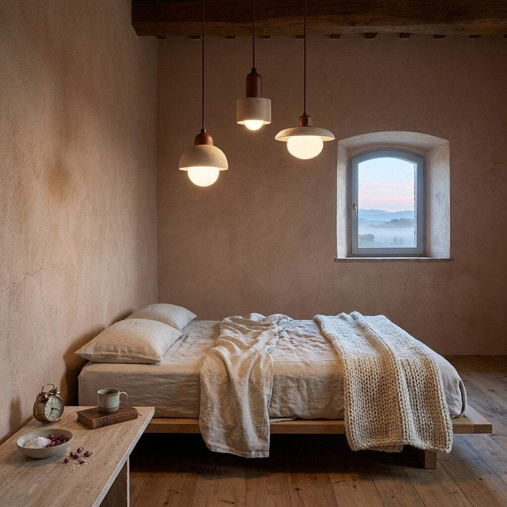 Suspension Travertia Japandi — Chambre wabi-sabi en Toscane — Halonéa